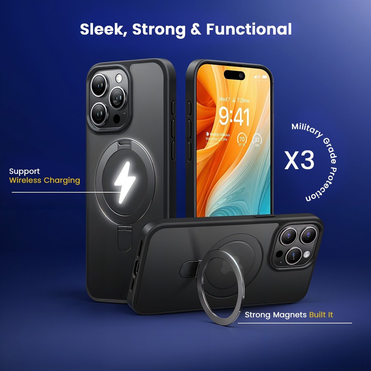 LENOK iPhone 15 Pro Max Magnetic Case with Kickstand & Ring Holder - Slim, Military - Grade - LENOK