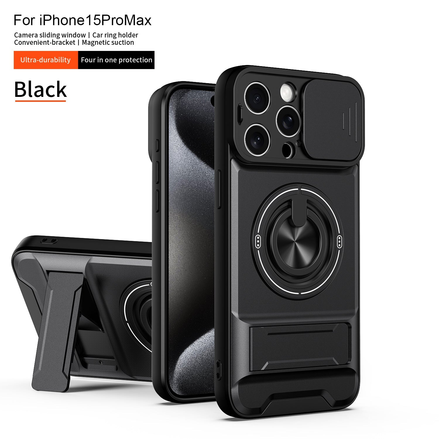 LENOK iPhone 15 Pro Max MagSafe case – hero shot, black rugged armor with camera slider and ring kickstand
