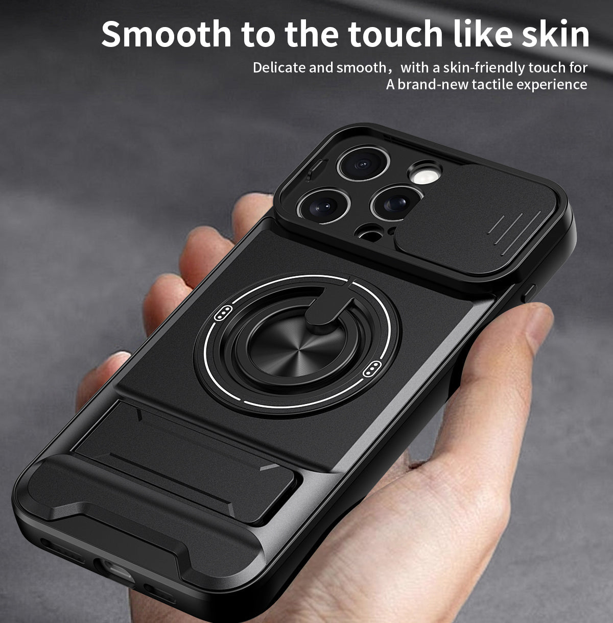 LENOK iPhone 15 Pro Max MagSafe case – smooth skin-friendly finish, delicate touch, ring grip and camera slider
