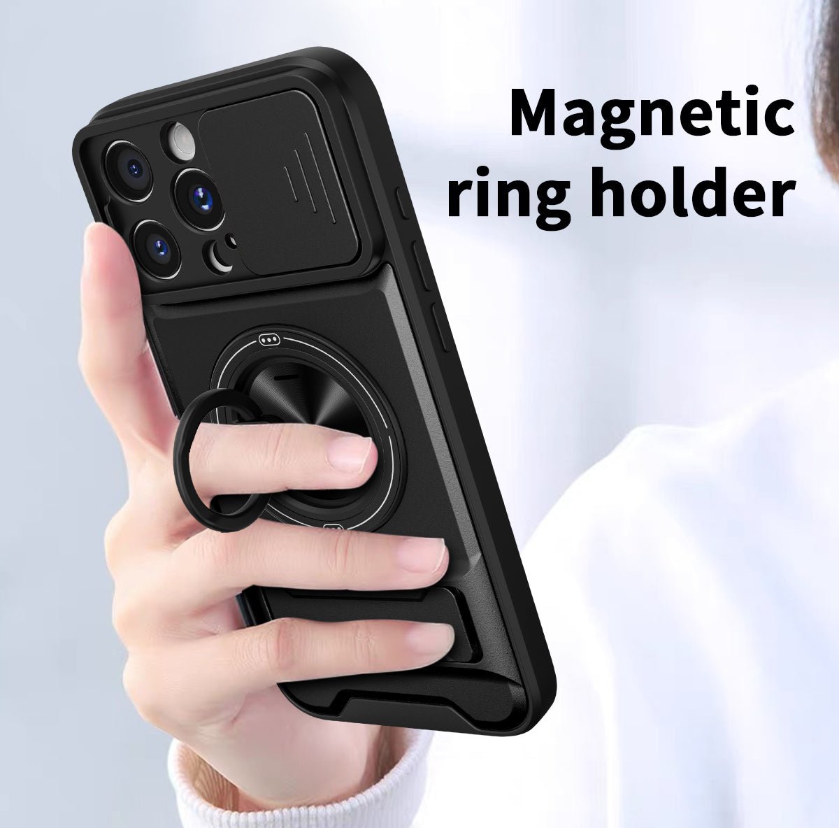 LENOK iPhone 16 Pro Max case – magnetic ring holder for secure one-hand grip, camera slider closed
