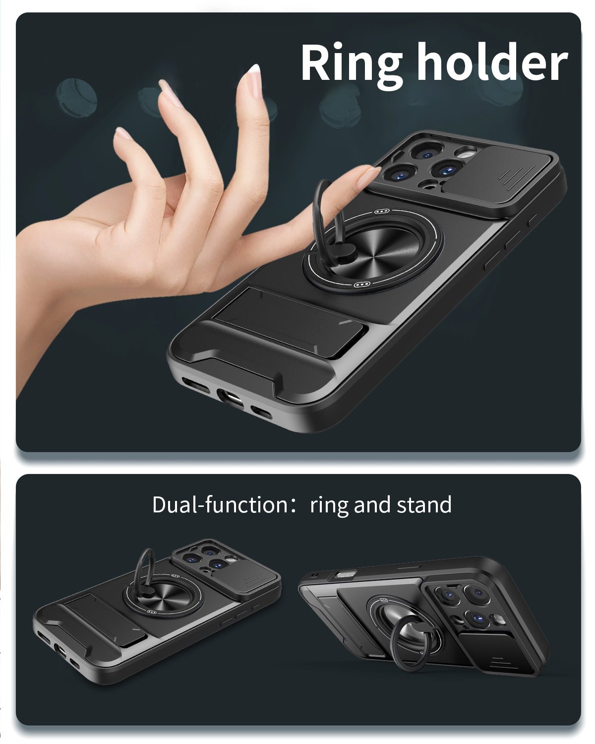 LENOK iPhone 16 Pro Max case – 360° ring holder grip and dual-function kickstand stand
