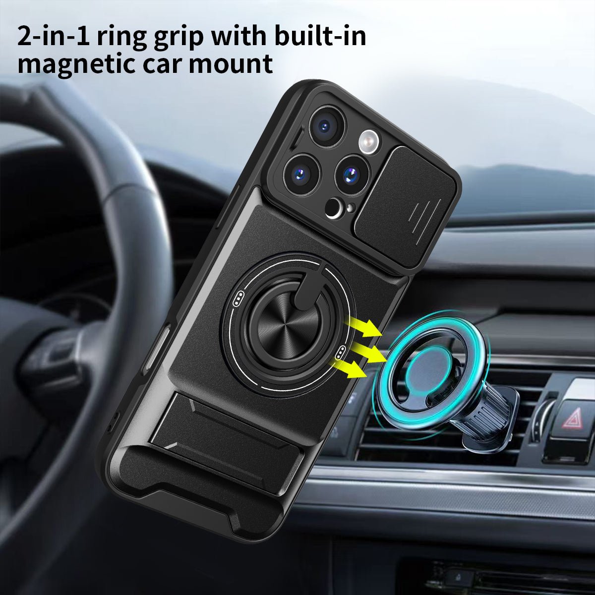 LENOK iPhone 16 Pro Max MagSafe case – 2-in-1 ring grip with magnetic car mount compatibility
