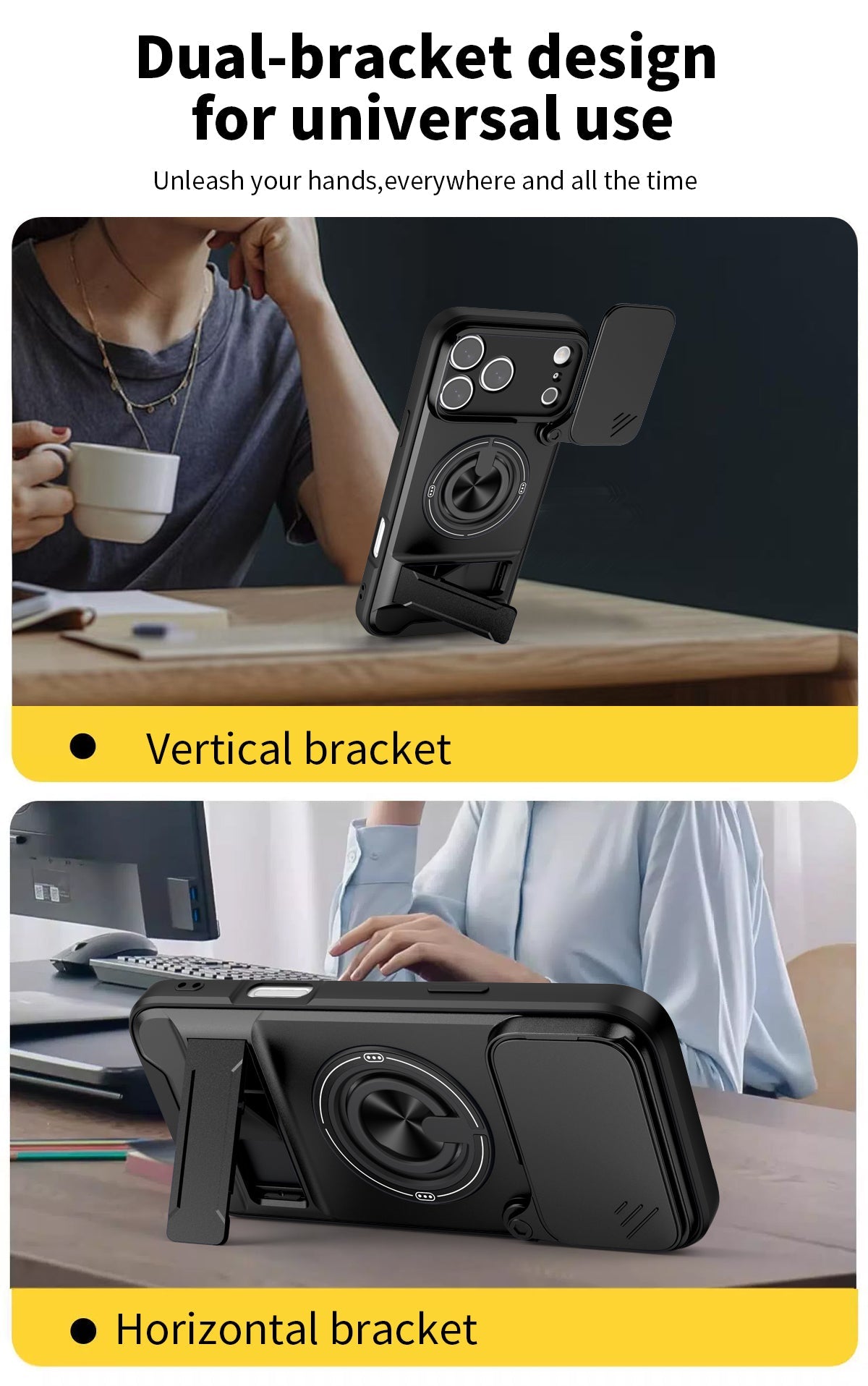 LENOK iPhone 17 Pro Max case – dual-bracket design for universal use, vertical and horizontal kickstand lifestyle
