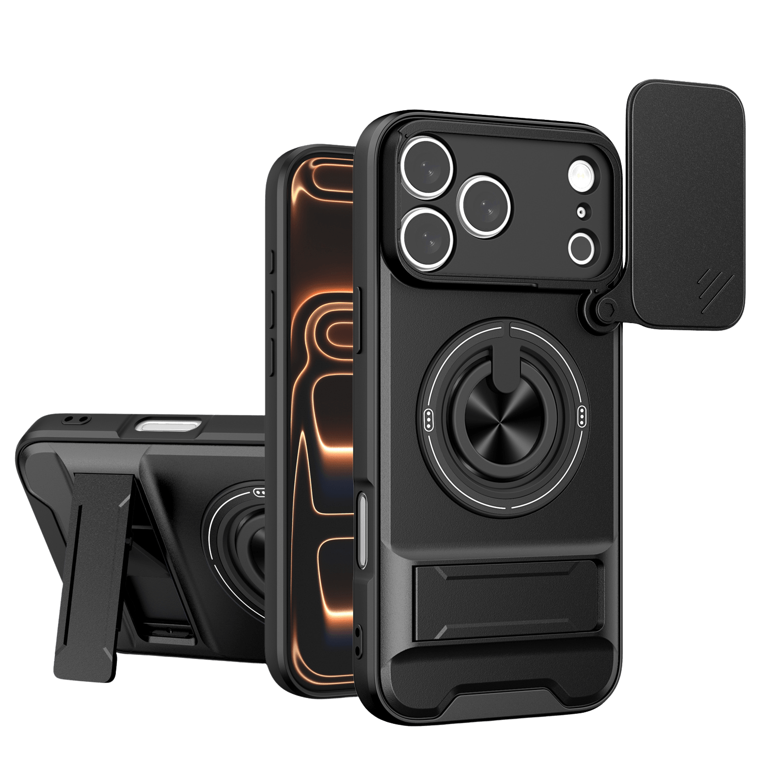 LENOK iPhone 17 Pro Max MagSafe case black – camera slider open, ring kickstand deployed, four-in-one protection
