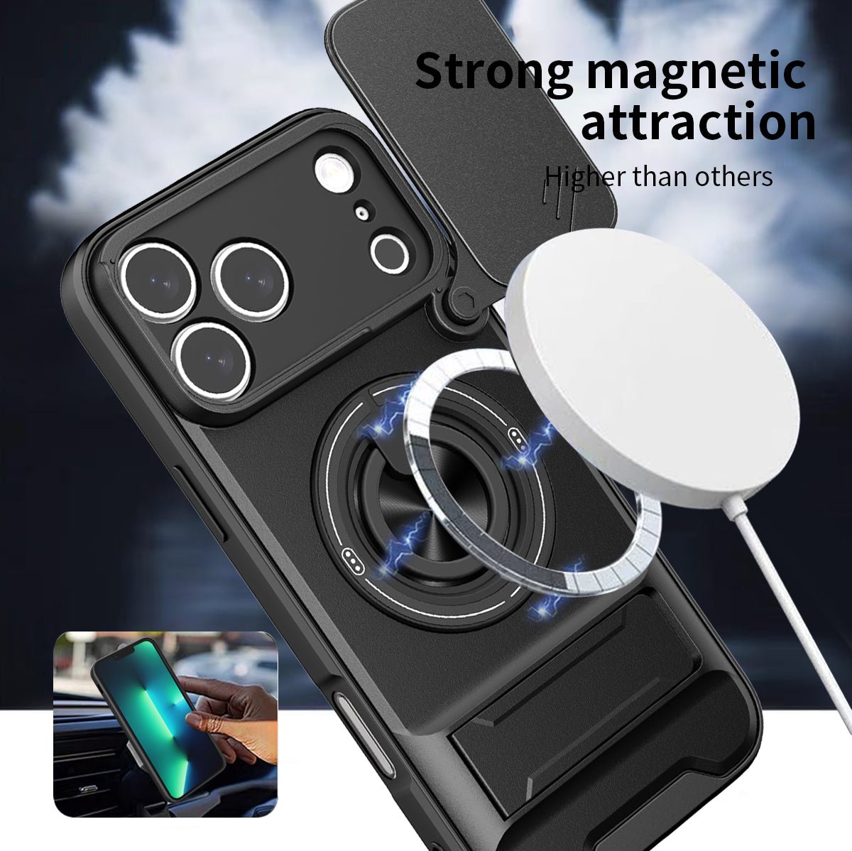 LENOK iPhone 17 Pro Max MagSafe case – full coverage rugged case side view, camera slider and ring kickstand
