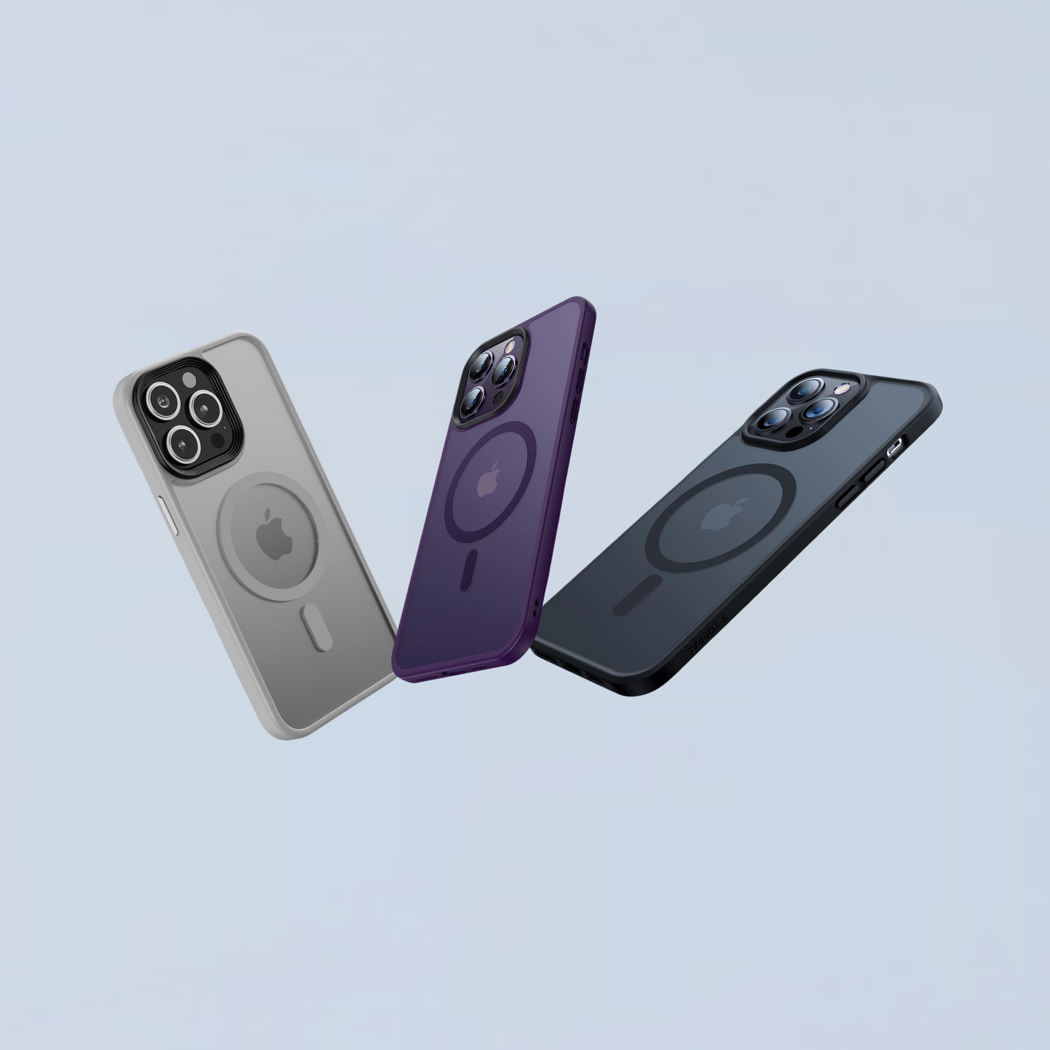  LENOK iPhone  cases in three colors—gray, purple, and black—showcasing sleek design and magnetic back feature on a light blue background