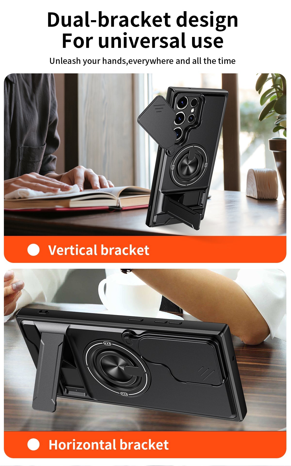 LENOK Samsung S21 Ultra case – dual-bracket design for universal use, vertical and horizontal kickstand modes shown in lifestyle setting