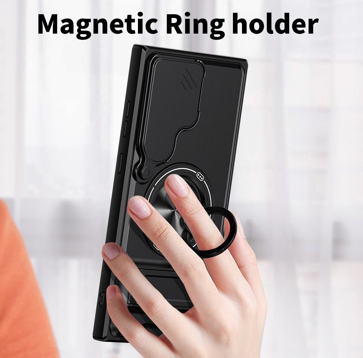 LENOK Samsung S21 Ultra case – magnetic ring holder grip held comfortably in one hand, camera slider closed