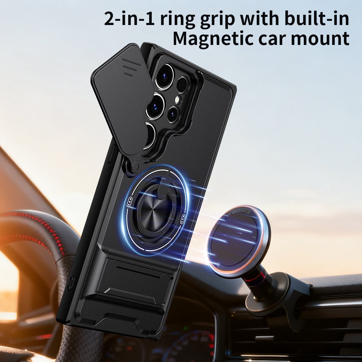 LENOK Samsung S21 Ultra MagSafe case – 2-in-1 ring grip with built-in magnetic car mount, camera slider open showing quad-lens array