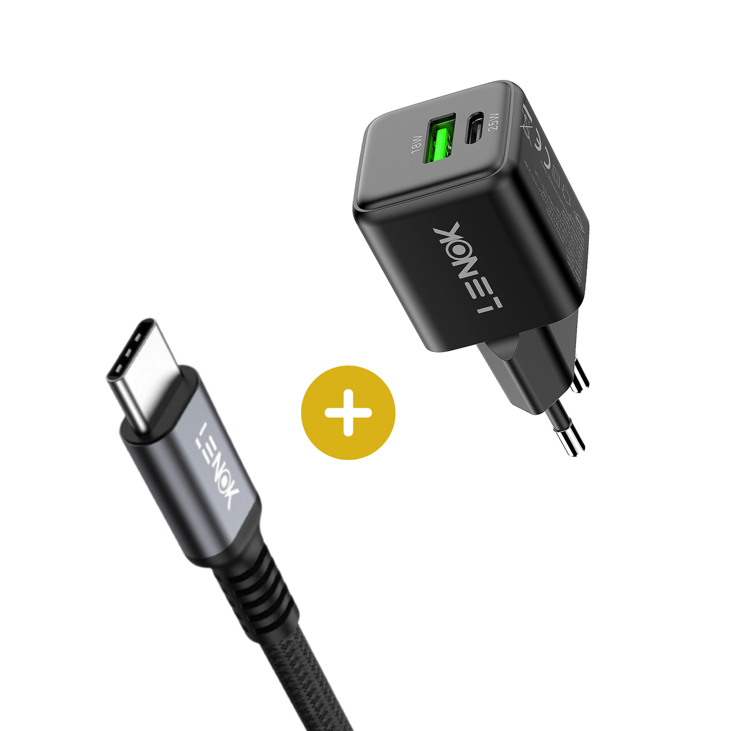 LENOK Super Fast Charging Bundle for iPhone & Android - 25W GaN Charger & 100W USB - C Cable 1.2 m - LENOK