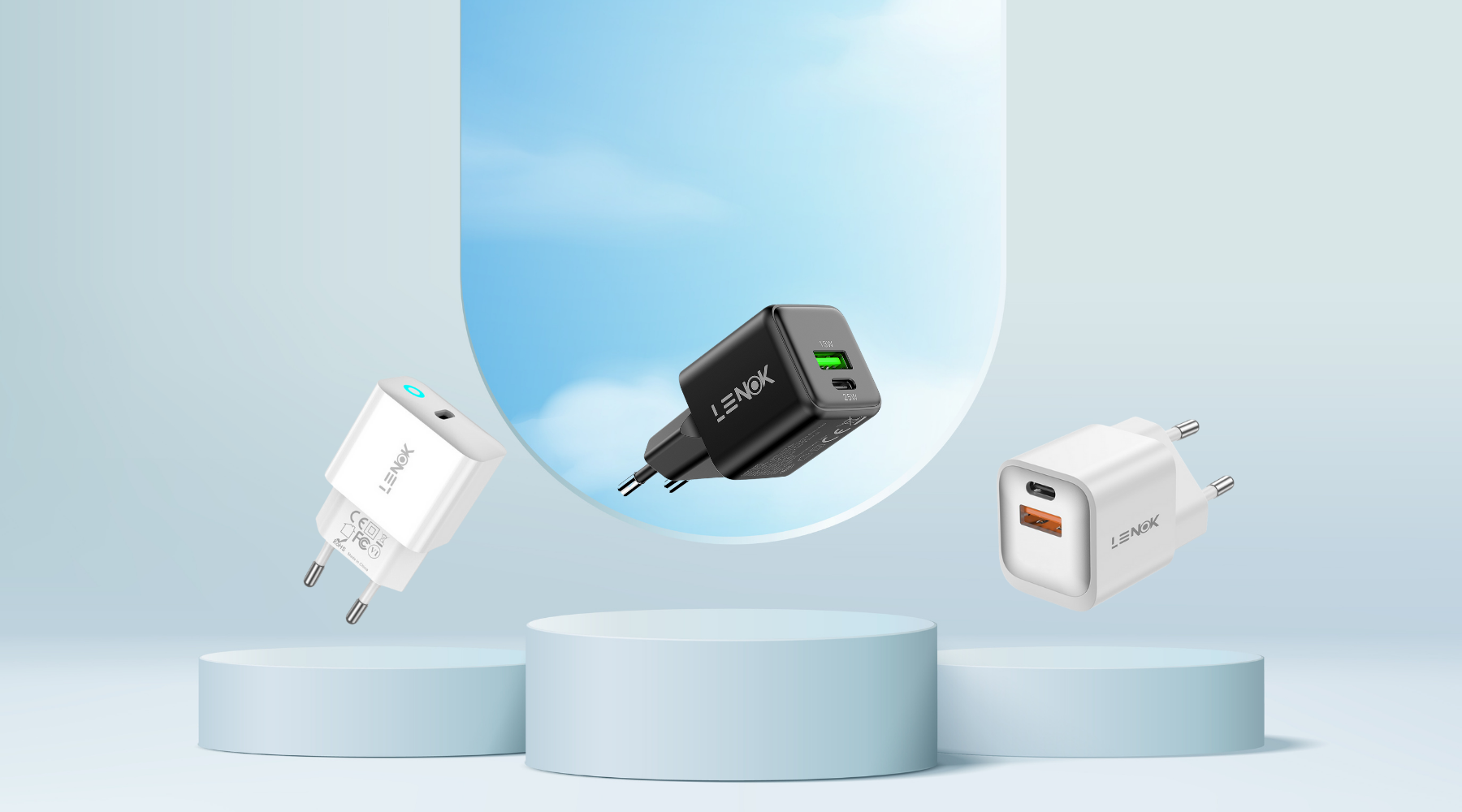 LENOK wall chargers display with three different charger models on a blue pedestal with a sky background