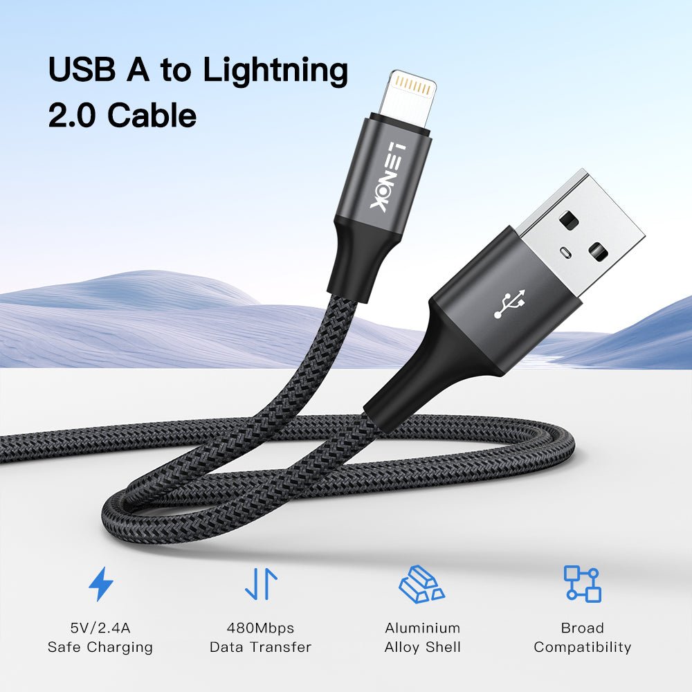 LENOK USB-A to Lightning Fast Charging Cable, Nylon Braided Cord for iPhone 14/13/12/11 & iPad - LENOK