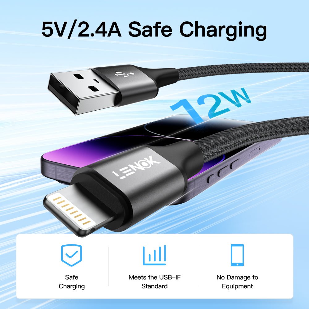 LENOK USB-A to Lightning Fast Charging Cable, Nylon Braided Cord for iPhone 14/13/12/11 & iPad - LENOK