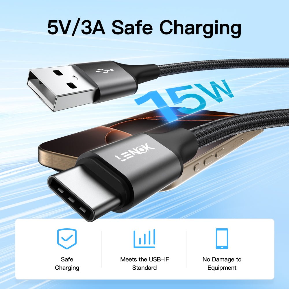 LENOK USB-A to USB-C Fast Charging Cable, Braided CarPlay Cord for iPhone 17/16, Galaxy S25 & Pixel - LENOK
