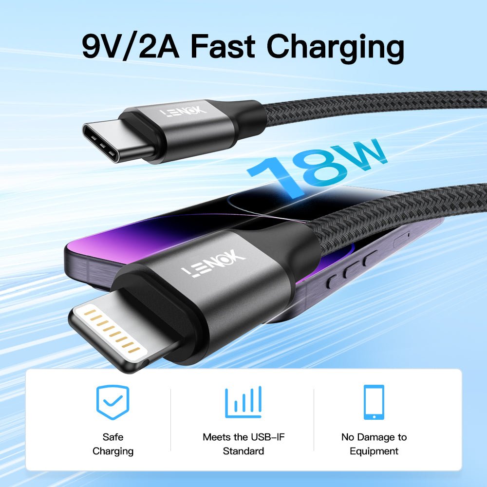 LENOK USB-C to Lightning Fast Charging Cable, Nylon Braided PD Cord for iPhone 14/13/12/11/X/8 - LENOK